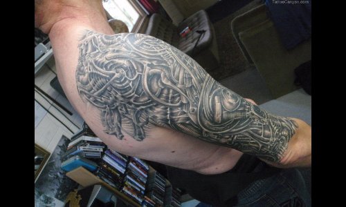 Grey Ink Biomechanical Alien Tattoo