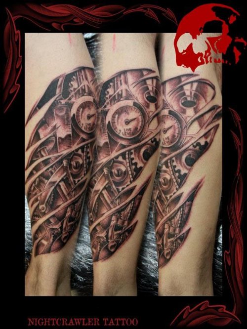 Grey Ink Leg Alien Tattoo