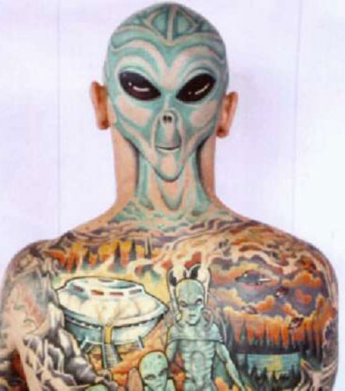 Colored Ink Back Body Alien Tattoo For Men