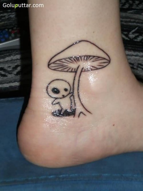 Cute Small Alien With Mushroom Tattoo On Foot