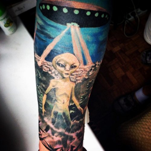 Colored Alien Tattoo On Arm Sleeve