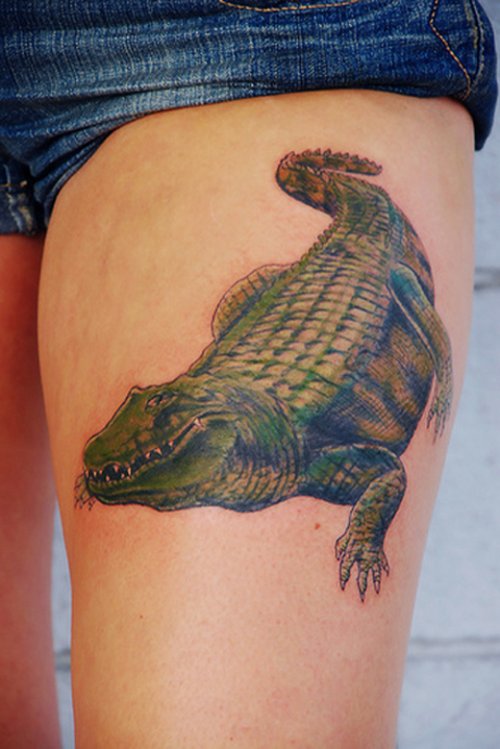 Awful Girl Left Thigh Alligator Tattoo