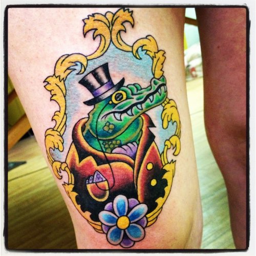 Color Flower And Alligator Tattoo