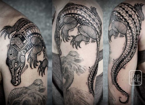 Black Ink Alligator Tattoo On Left Shoulder