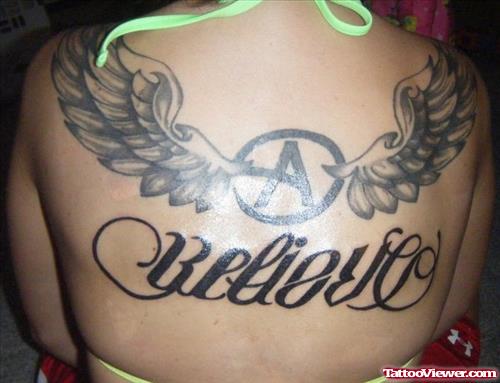Winged a Letter And Ambigram Belkieve Tattoo On Back