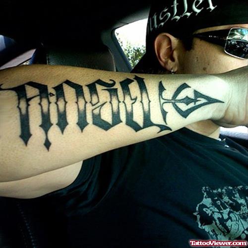 Grey Ink Angel Ambigram Tattoo On Right Arm
