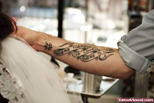 Where There Is Love There Is Life Ambigram Tattoo on Right Arm