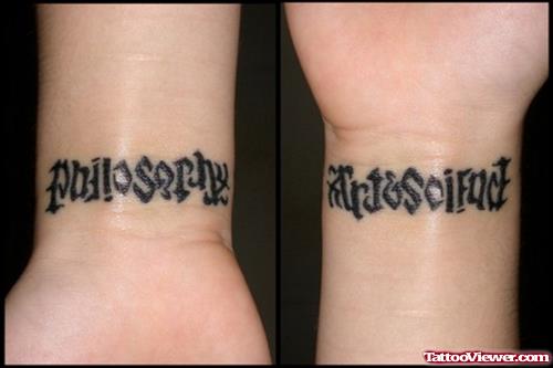 Philosophy Art & Science Ambigram Tattoos On Wrist