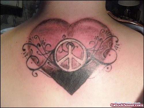 Love Hate Ambigram and Heart With Peace Symbol Tattoo On Upperback