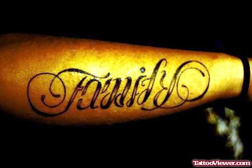 Family Respect Ambigram Tattoo On Right Arm
