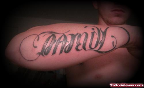 Family Ambigram Tattoo On Right Arm