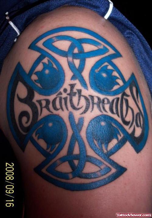 Ambigram And Celtic Tattoo On Shoulder