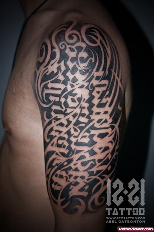 Amazing Ambigram Tattoo On Left Half Sleeve