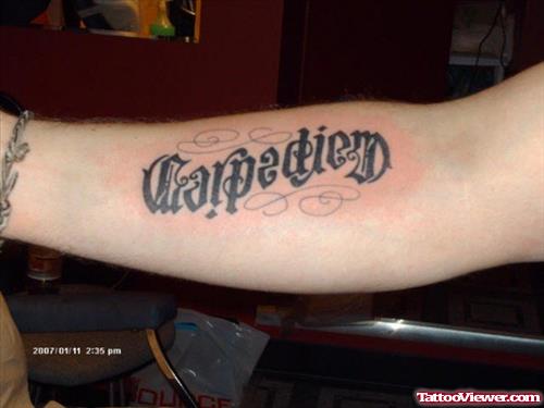 Attractive Carpe Diem Ambigram Tattoo On Right Arm