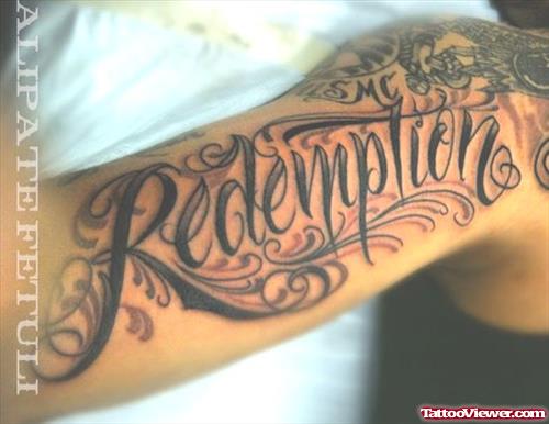 Redemption Ambigram Tattoo On Half Sleeve