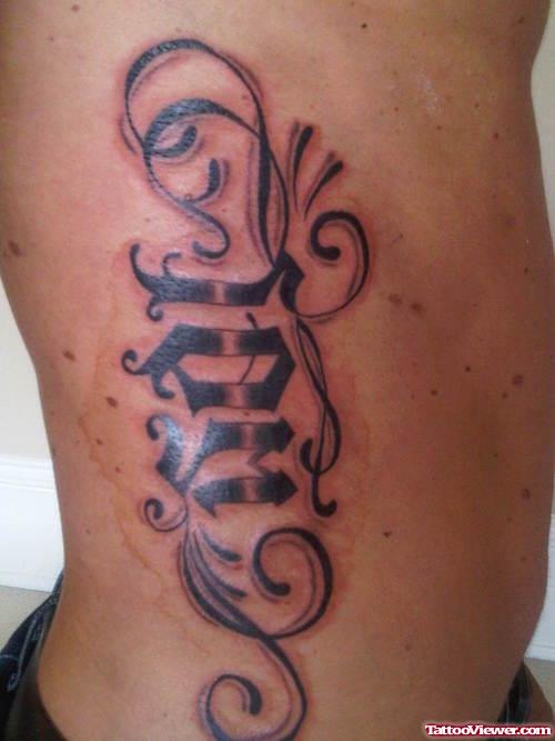 Grey Ink Ambigram Side Rib Tattoo