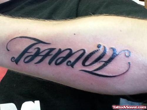 Family Ambigram Tattoo On Left Arm