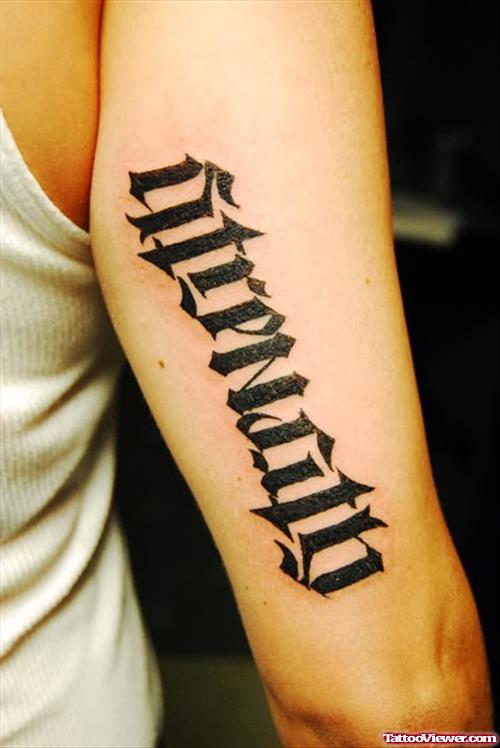 Strength Ambigram Tattoo On Right Biceps