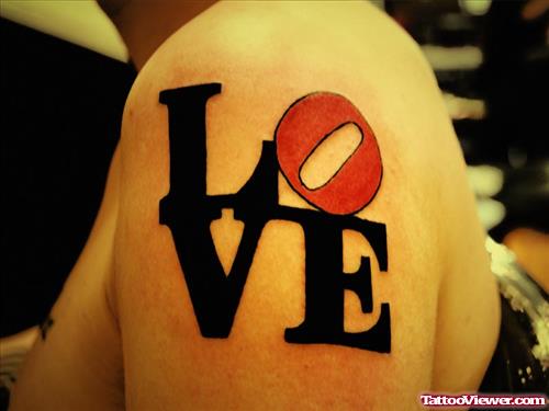 Love Ambigram Tattoo On Left Shoulder
