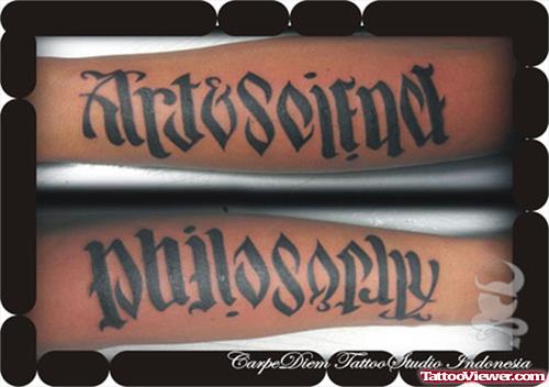 Art & Science And Philosophy Ambigram Tattoo