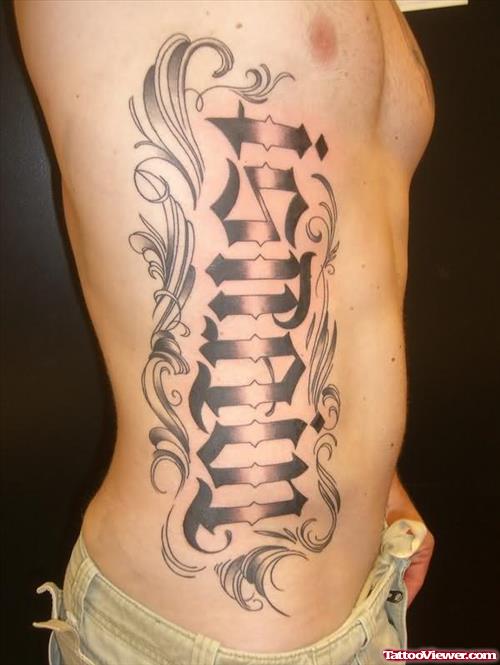 Grey Ink Ambigram Tattoo On Side Rib