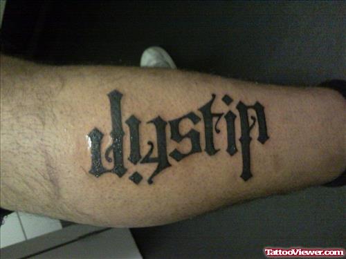 Ambigram Justin Tattoo On Leg