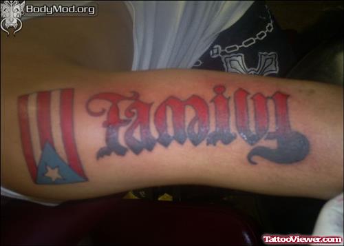 Red Ink Family Ambigram Tattoo On Biceps