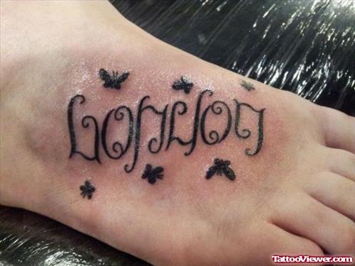 London Ambigram Tattoo On Right Foot