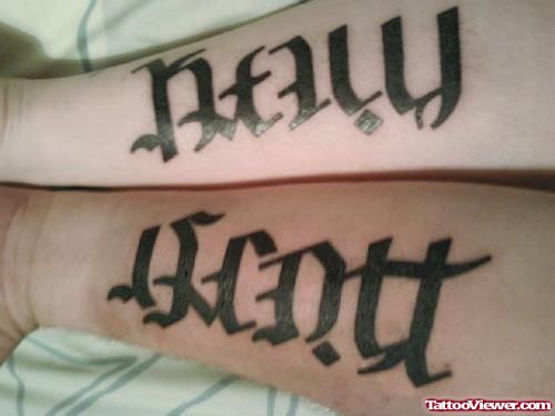 Black Ink Ambigram Tattoos On Legs