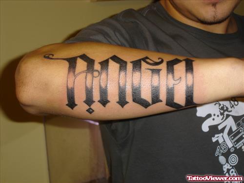 Angel Ambigram Tattoo On Right Arm