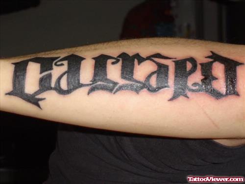 Wonderful Black Ink Ambigram Tattoo On Left Arm