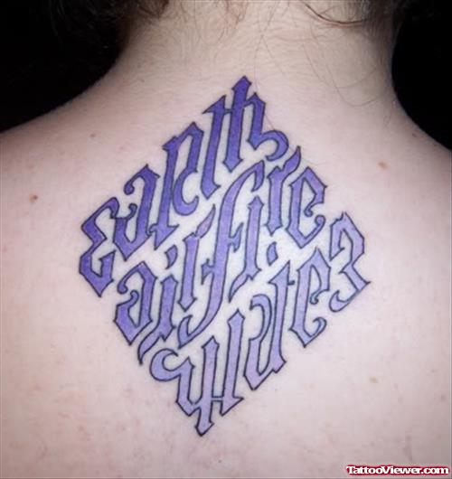 Purple Ink Earth Airfire Water Ambigram Tattoo On Upperback