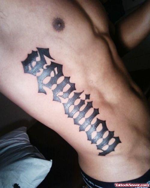 Beautiful Black Ink Ambigram Tattoo On Side Rib