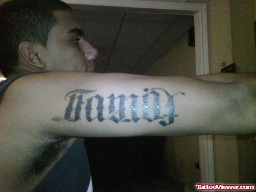 Family Ambigram Tattoo On Right Bicep