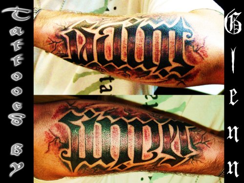 Sain Sinner Ambigram Tattoos On Arms