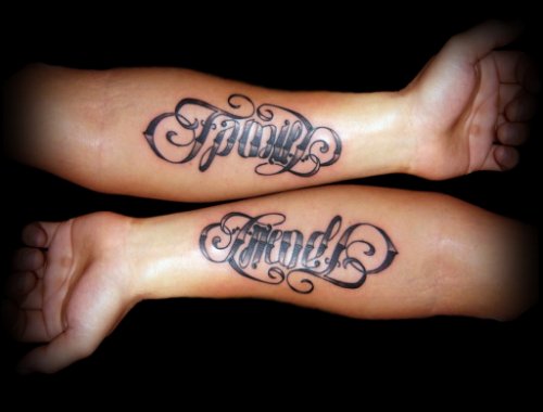 Grey Ink Family Friends Ambigram Tattoos On Forearms