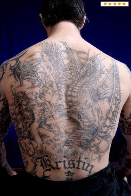 angel And Dragons With Kristin Ambigram Tattoo On Lowerback
