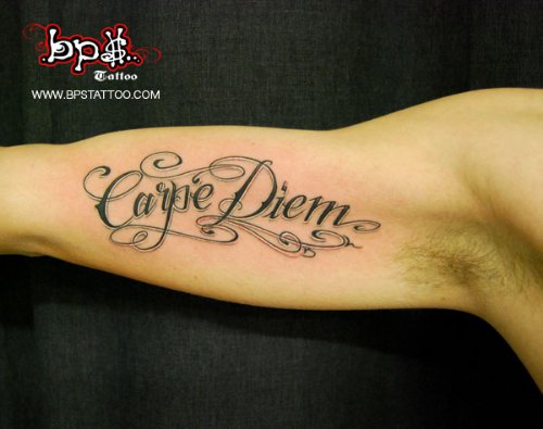 Carpe Diem Ambigram Tattoo On Muscles