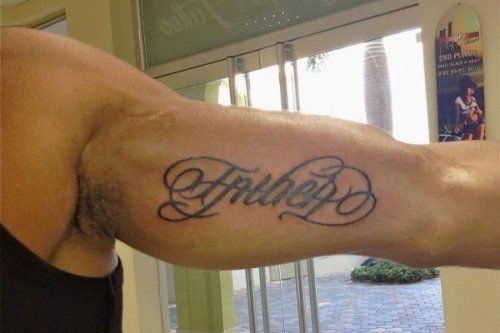 Father And Family Ambigram Tattoo On Bicep