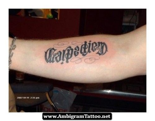 Carpe Diem Ambigram Tattoo On Right Arm