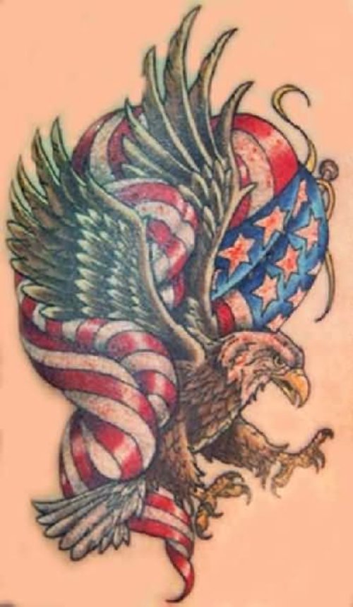 Colorful American Flag And Eagle Tattoo