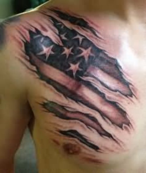 Ripped Skin Grey Ink Flag Tattoo On Man Chest