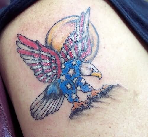 Beautiful Colored Us Flag Eagle Tattoo On Bicep