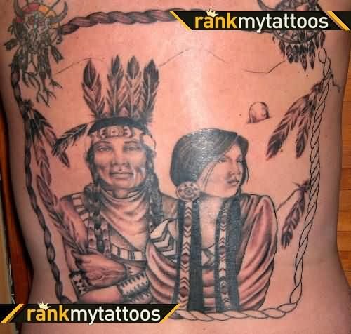 Beautiful Grey Ink Native American Tattoo On Back
