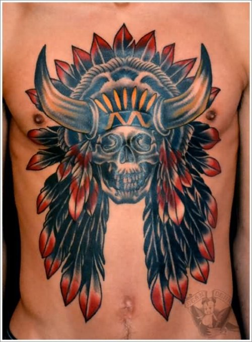 Color Native American Skull With Feathers American Tattoo On Chest