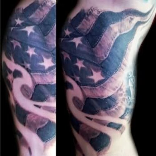 Grey Ink American Flag Tattoo On Sleeve