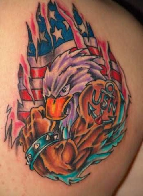 Colorful Eagle Head And American Flag Tattoo On Right Back Shoulder