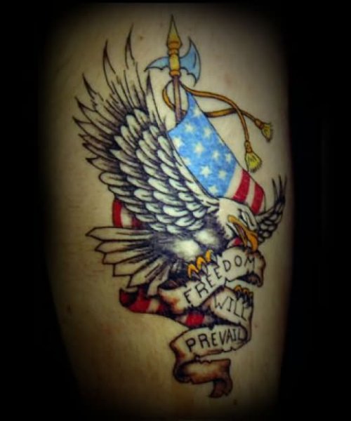 Flying Eagle And Banner With American Flag Tattoo On Shoulder