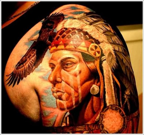 Left Shoulder Color Ink Native American Tattoo