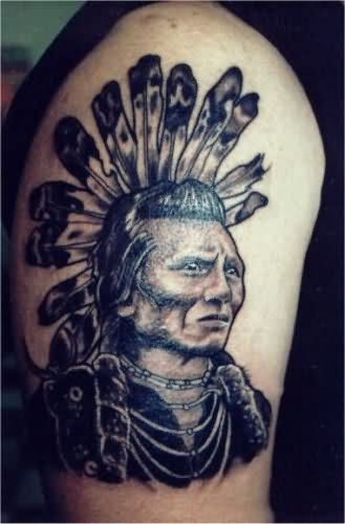 Grey Ink Native American Tattoo On Right Half Sleeve